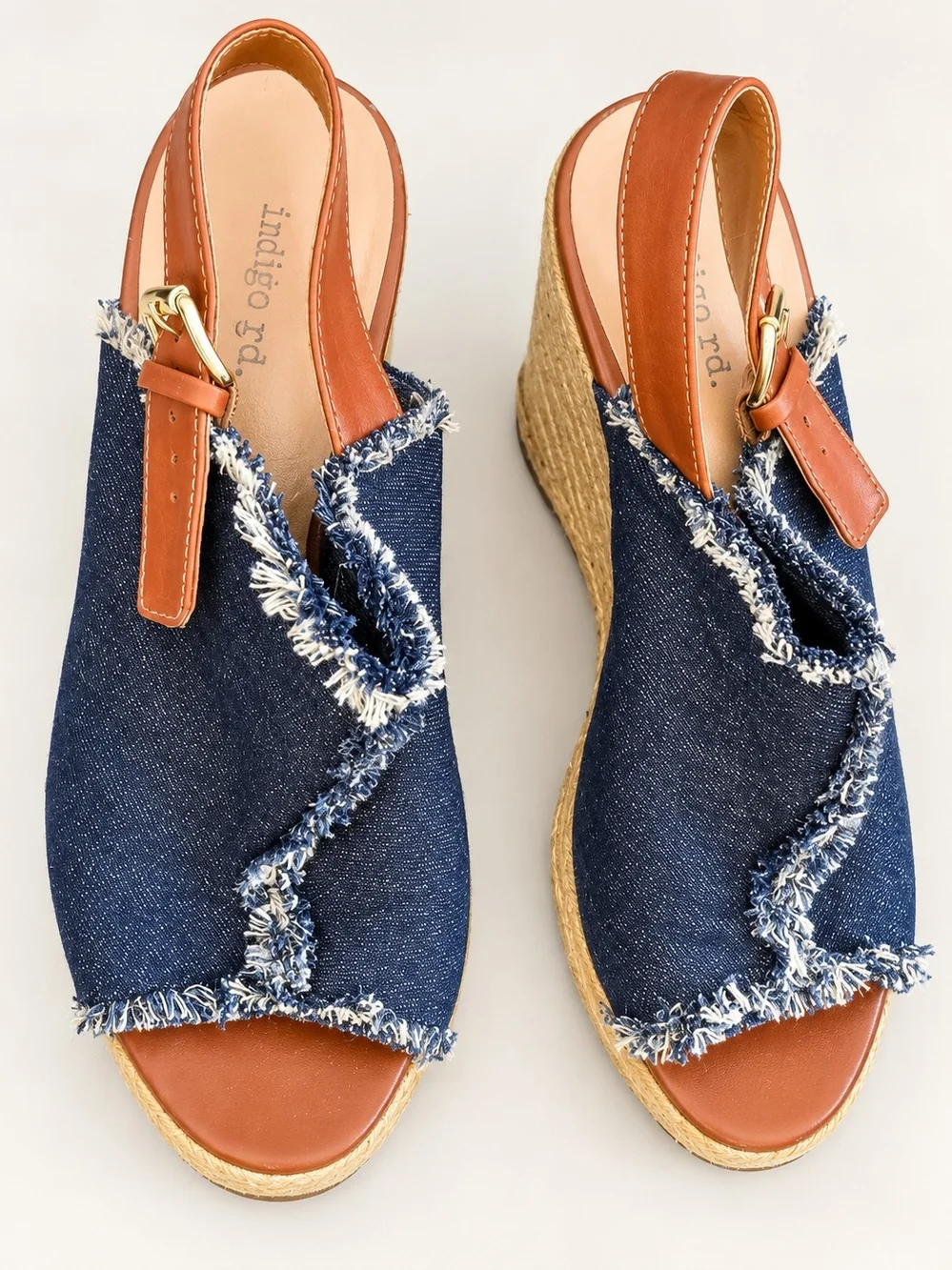 Indigo Denim Frayed Espadrille Wedge Slingbacks - Blue and Tan